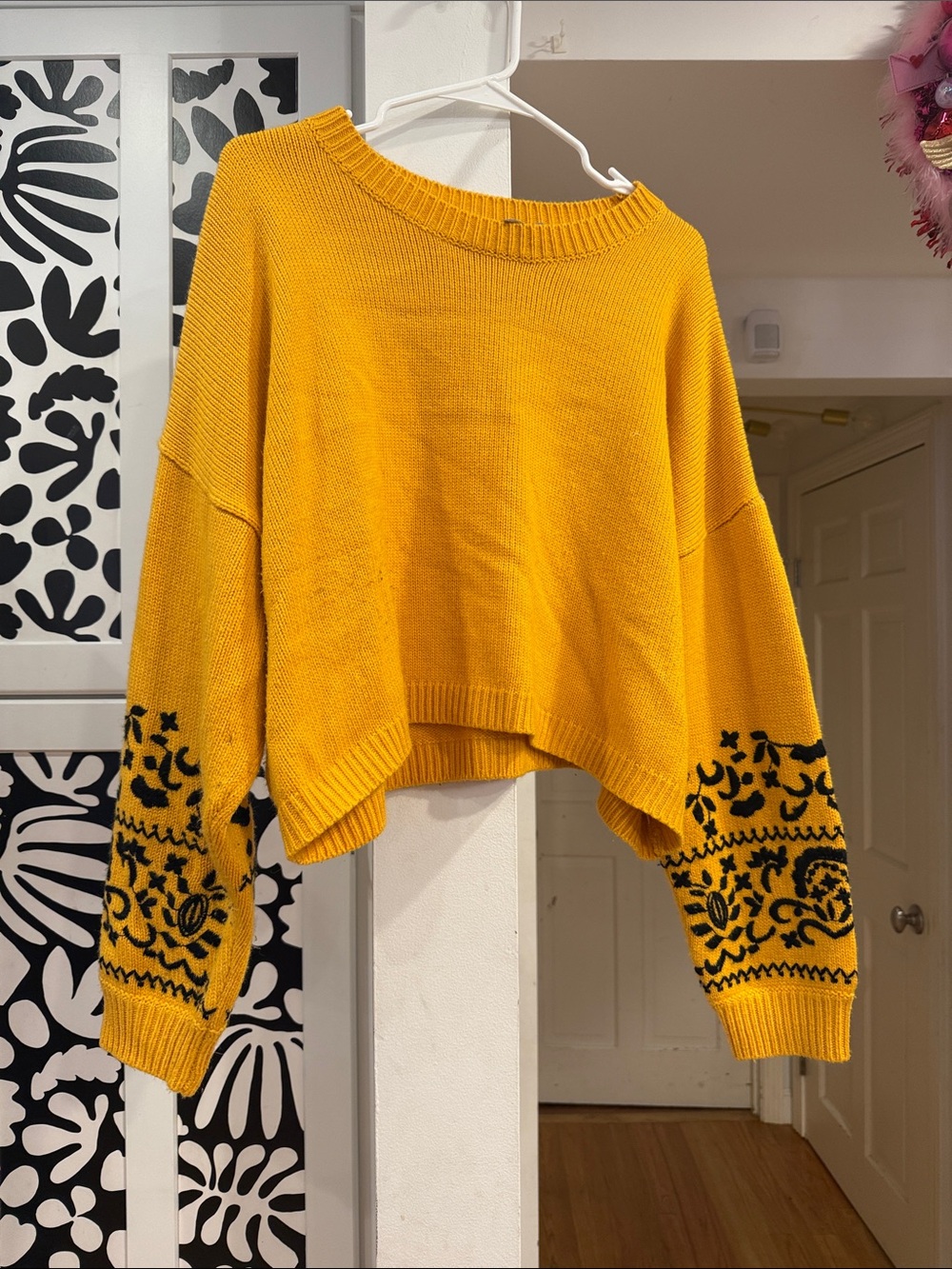 ASOS Mustard Yellow Patterned Sleeve Cropped Sweater with design on sleeves